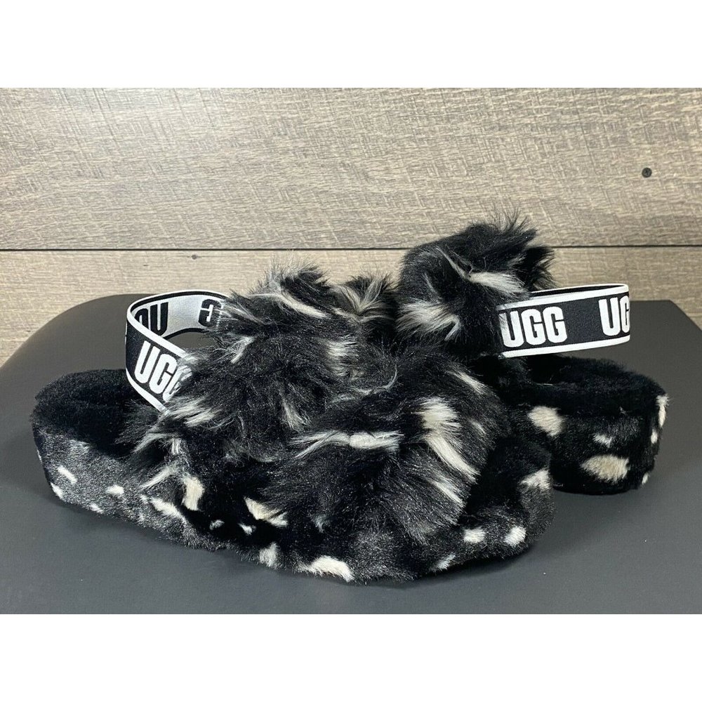 UGG BLACK FLUFF OH YEAH SPOTS SLIDE SHEEPSKIN SLIPPER SANDALS, US 7/ EUR 38